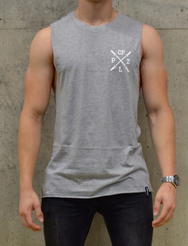 Pánské tričko bez rukávů: CF PLZ CrossFit, šedé, zepředu